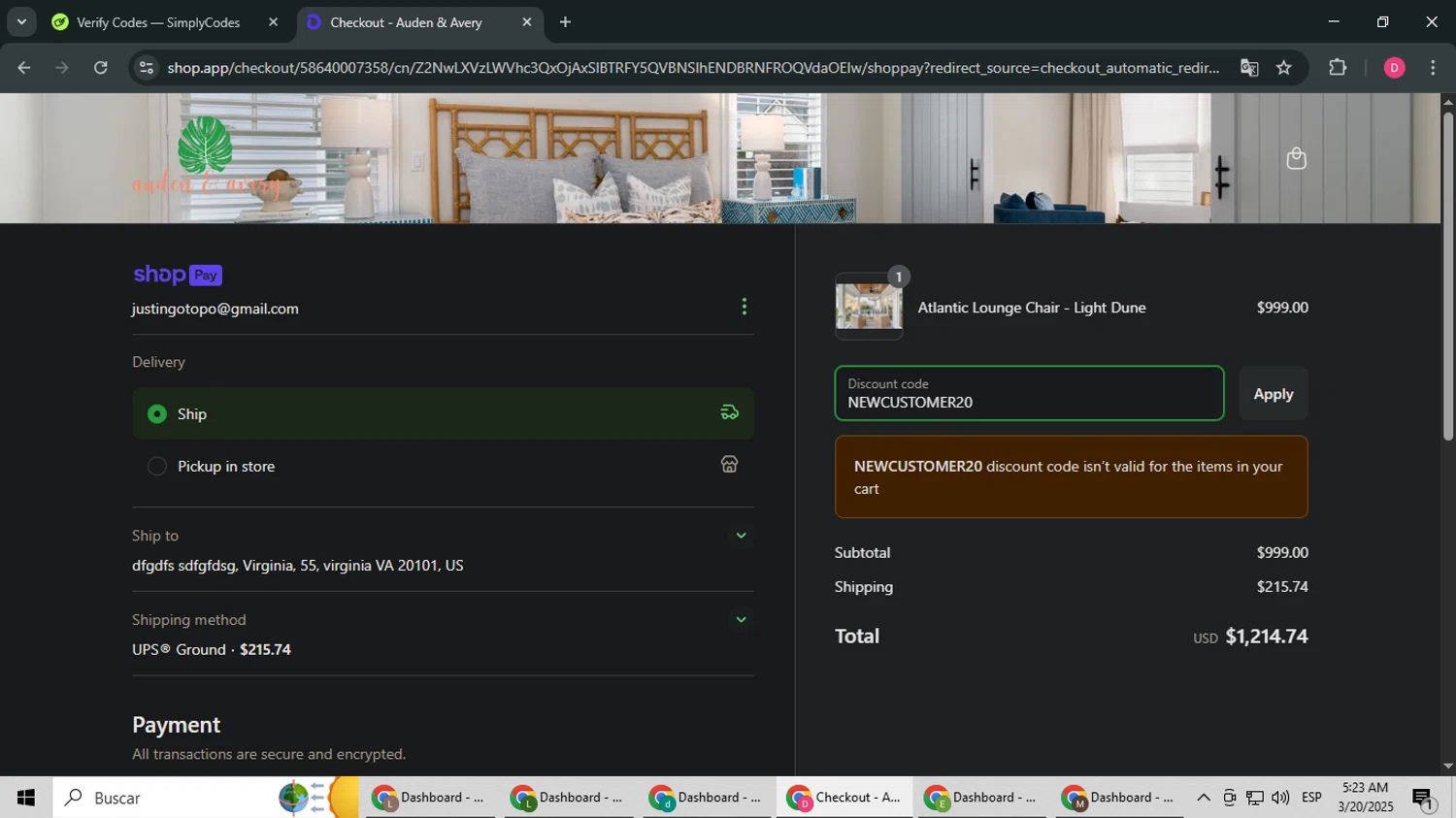 Auden & Avery promo code screenshot showing code NEWCUSTOMER20 applied at Auden & Avery checkout page. Uploaded by SimplyCodes community member LuckyHero4650 on Mar 20, 2025