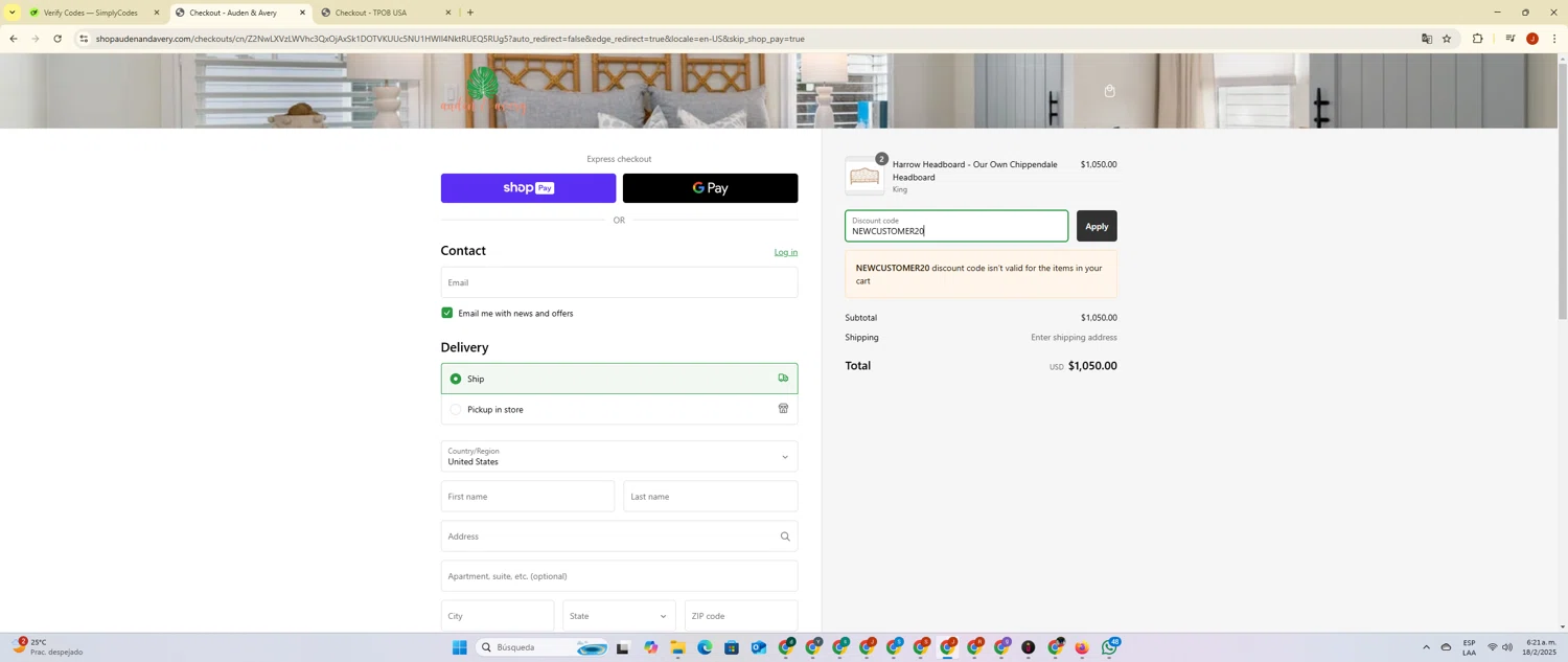 Auden & Avery promo code screenshot showing code NEWCUSTOMER20 applied at Auden & Avery checkout page. Uploaded by SimplyCodes community member PrimeBoss695 on Feb 18, 2025