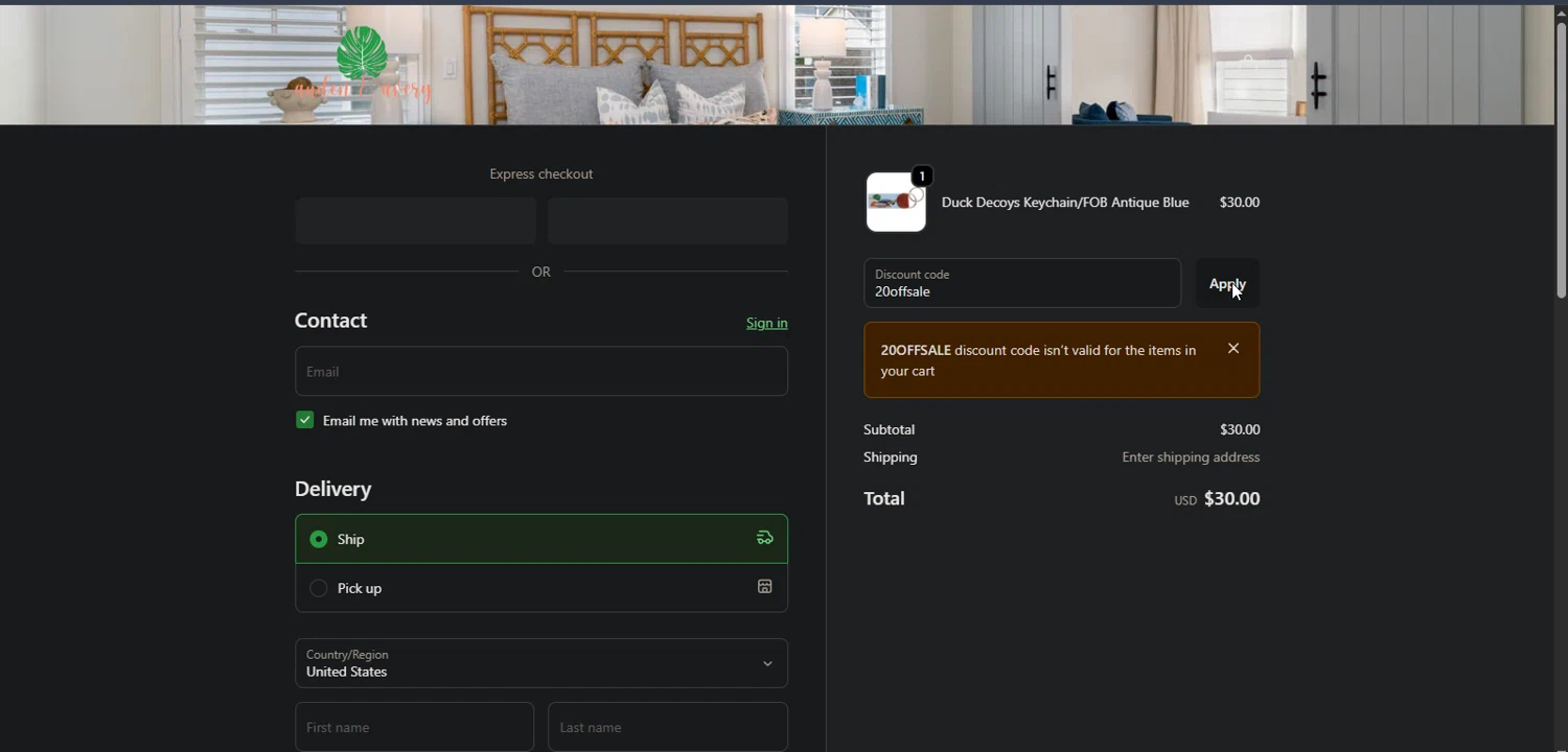 Auden & Avery promo code screenshot showing code 20offsale applied at Auden & Avery checkout page. Uploaded by SimplyCodes community member Nor_man on Nov 7, 2025