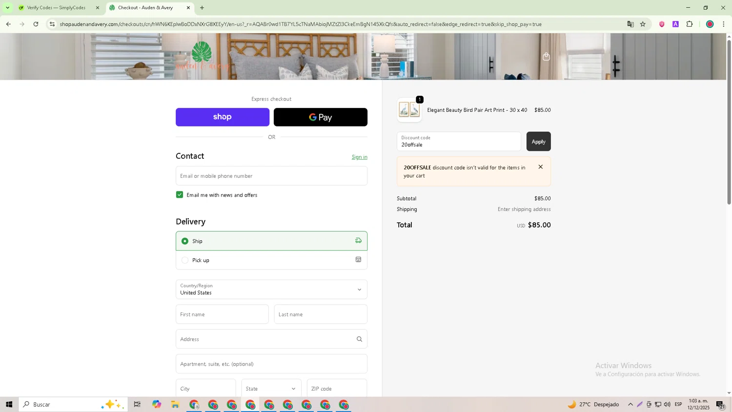 Auden & Avery promo code screenshot showing code 20offsale applied at Auden & Avery checkout page. Uploaded by SimplyCodes community member William_Jones on Dec 12, 2025