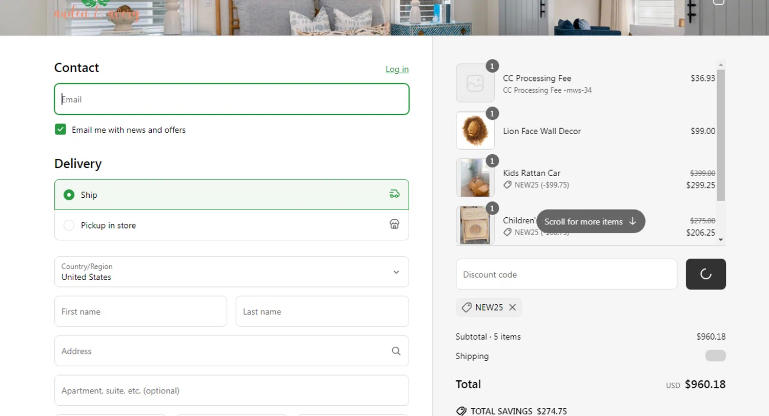 Auden & Avery promo code screenshot showing code NEW25 applied at Auden & Avery checkout page. Uploaded by SimplyCodes community member yeresojperez on Jun 6, 2025