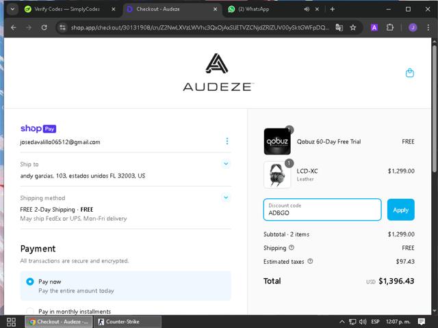 Audeze checkout page showing Audeze discount code box | Screenshot taken by SimplyCodes community member on Apr 9, 2025