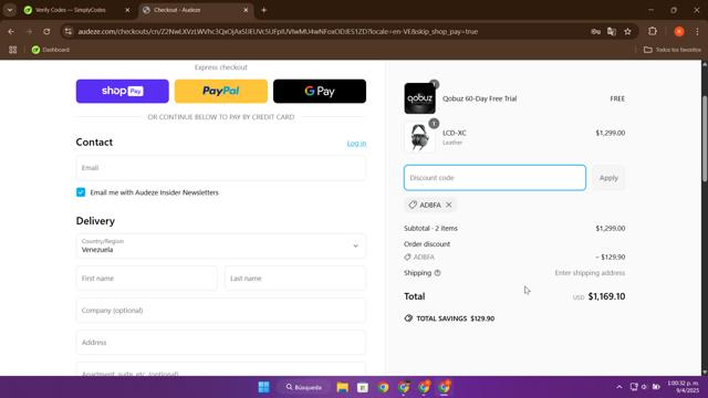 Audeze checkout page showing Audeze discount code box | Screenshot taken by SimplyCodes community member on Apr 9, 2025