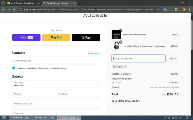 Audeze checkout page showing Audeze discount code box | Screenshot taken by SimplyCodes community member on Apr 9, 2025