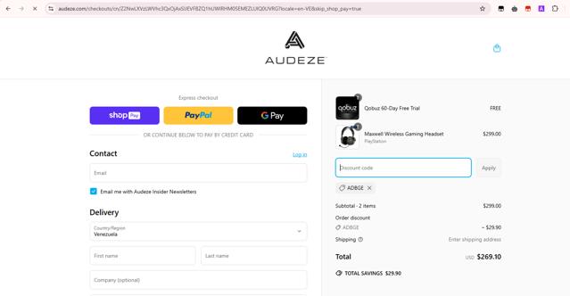 Audeze checkout page showing Audeze discount code box | Screenshot taken by SimplyCodes community member on Apr 9, 2025