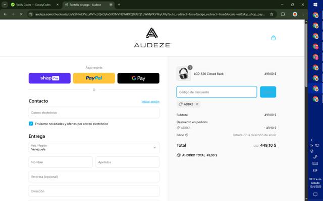 Audeze checkout page showing Audeze discount code box | Screenshot taken by SimplyCodes community member on Apr 12, 2025