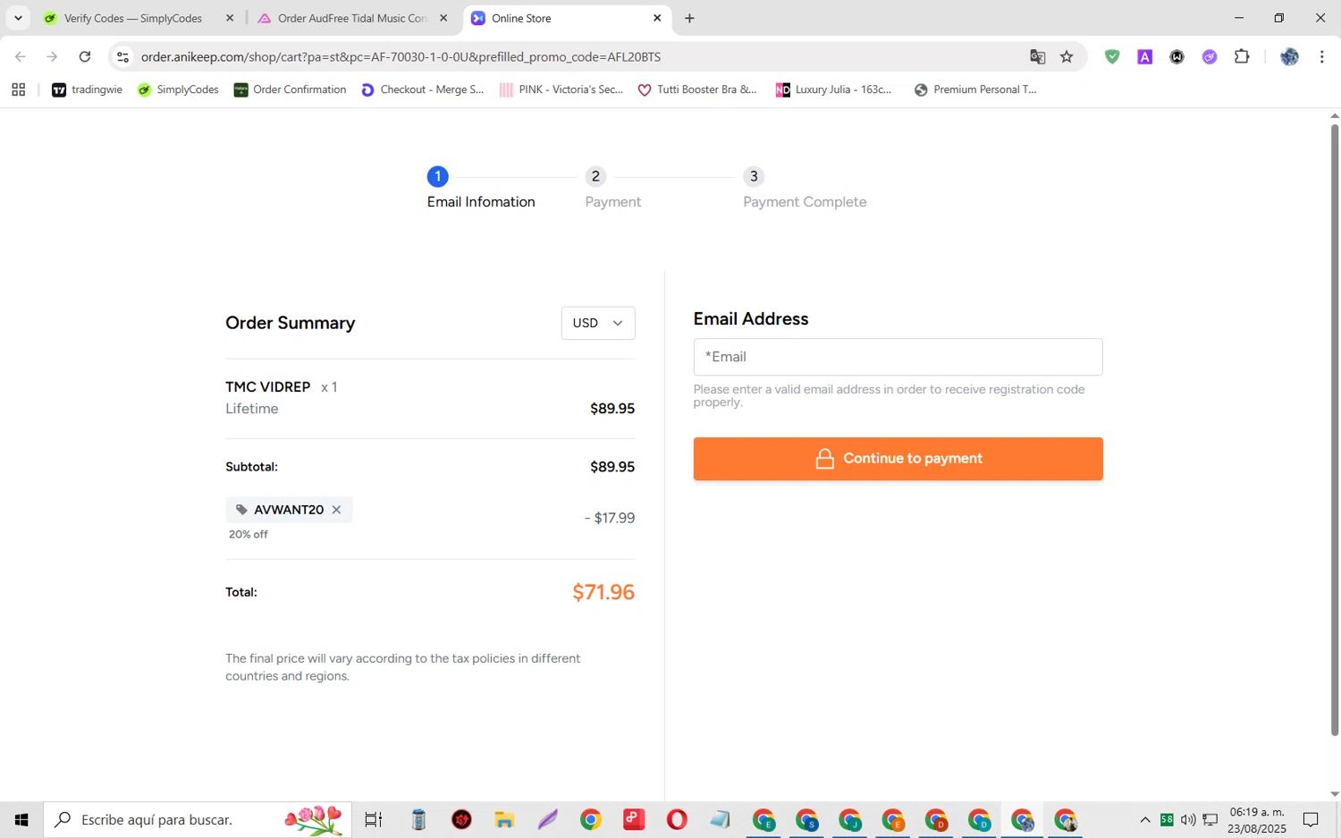 AudFree discount code screenshot showing code AVWANT20 applied at AudFree checkout page. Uploaded by SimplyCodes community member JoseH45 on Aug 23, 2025