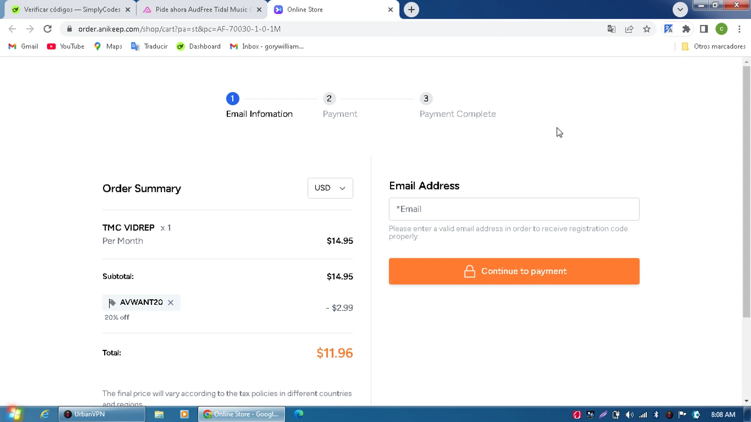 AudFree discount code screenshot showing code AVWANT20 applied at AudFree checkout page. Uploaded by SimplyCodes community member MagnificentPilot8371 on Sep 21, 2025