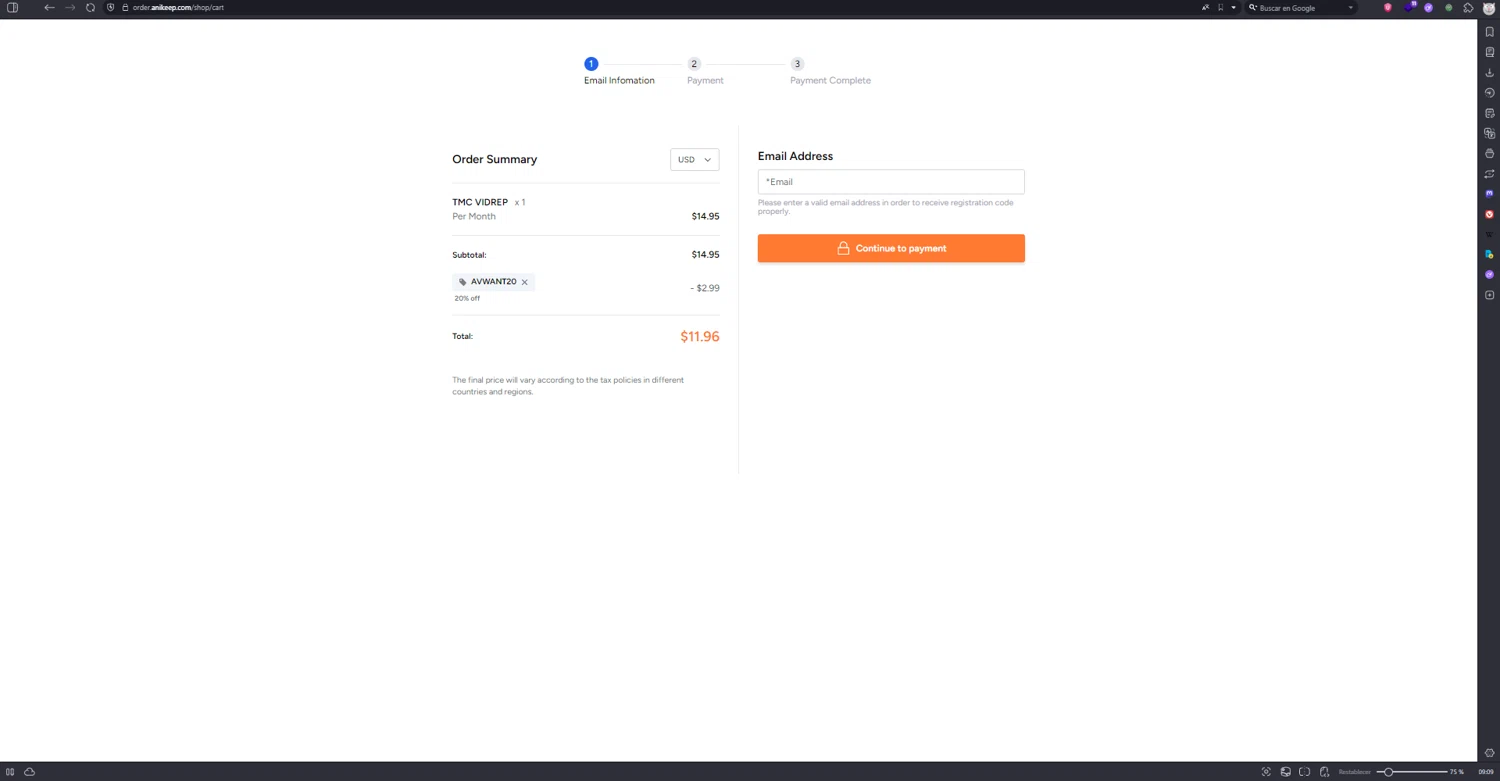 AudFree discount code screenshot showing code AVWANT20 applied at AudFree checkout page. Uploaded by SimplyCodes community member zzzzzzza on Jul 25, 2025