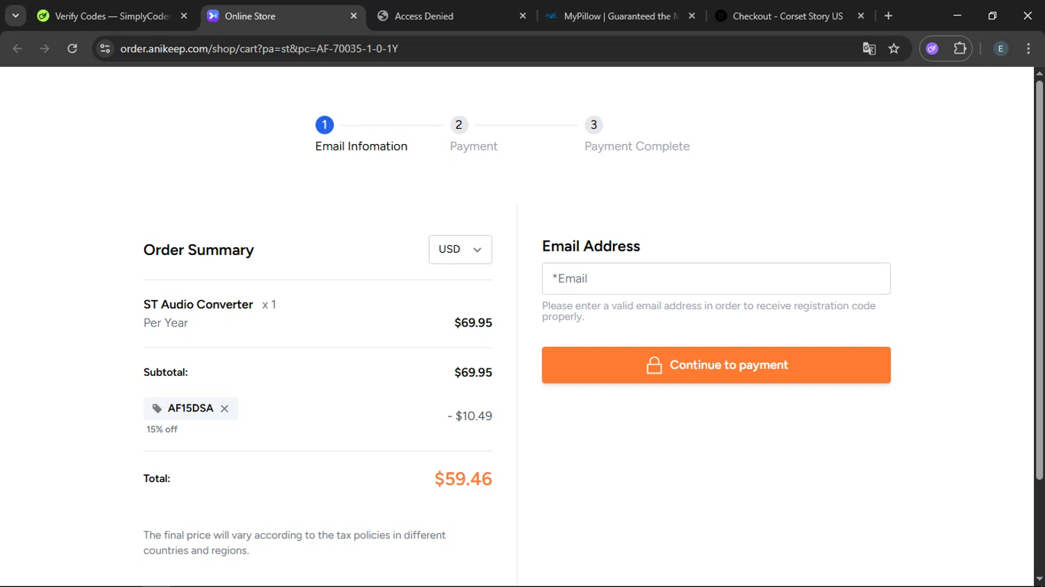 AudFree discount code screenshot showing code AF15DSA applied at AudFree checkout page. Uploaded by SimplyCodes community member LegendaryFox9861 on Sep 19, 2025