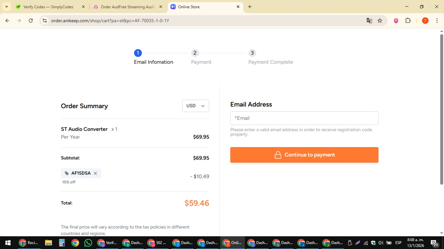 AudFree checkout page showing AudFree discount code box | Screenshot taken by SimplyCodes community member on Jan 13, 2026