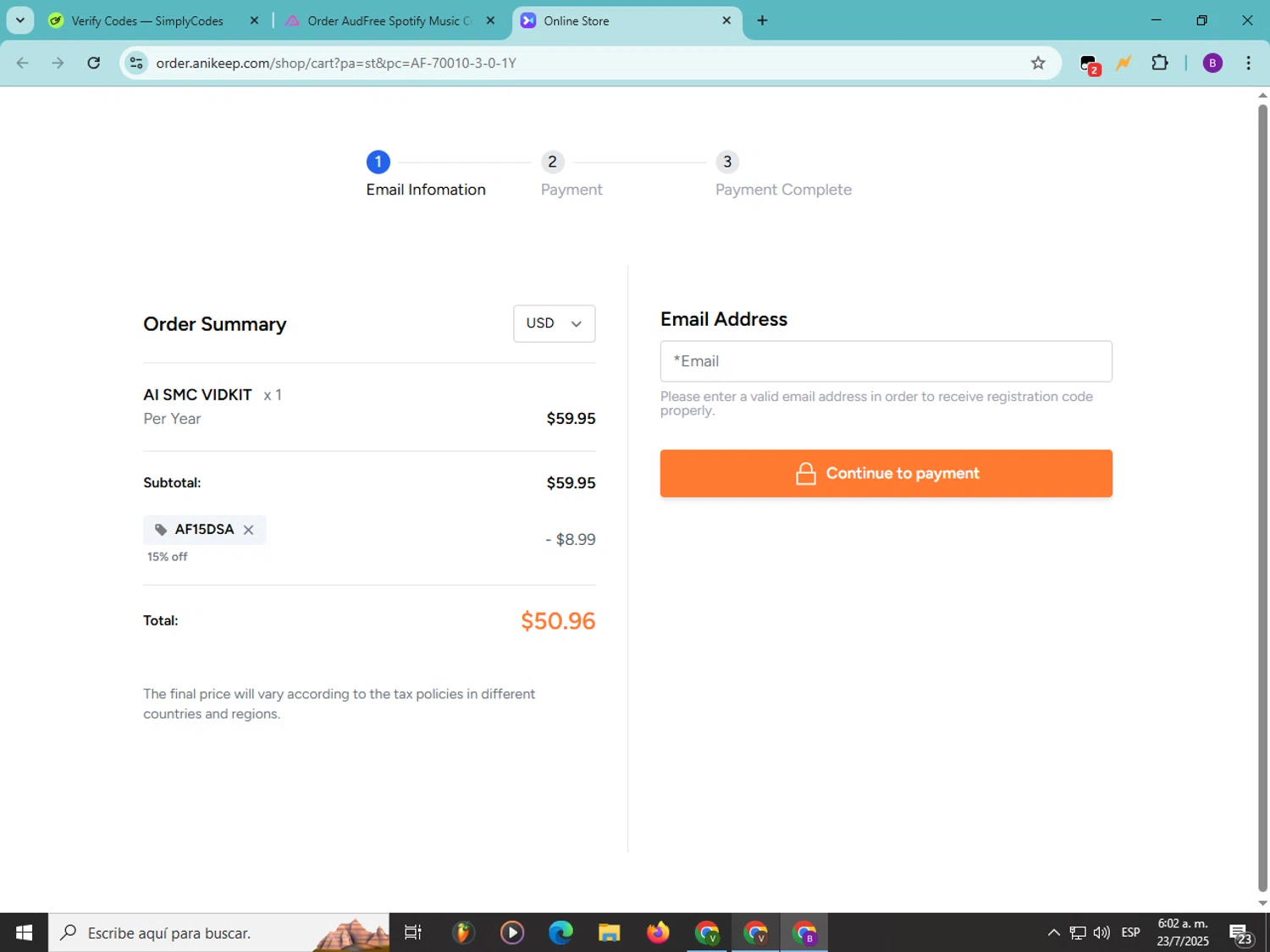 AudFree discount code screenshot showing code AF15DSA applied at AudFree checkout page. Uploaded by SimplyCodes community member Soyvictor on Jul 23, 2025