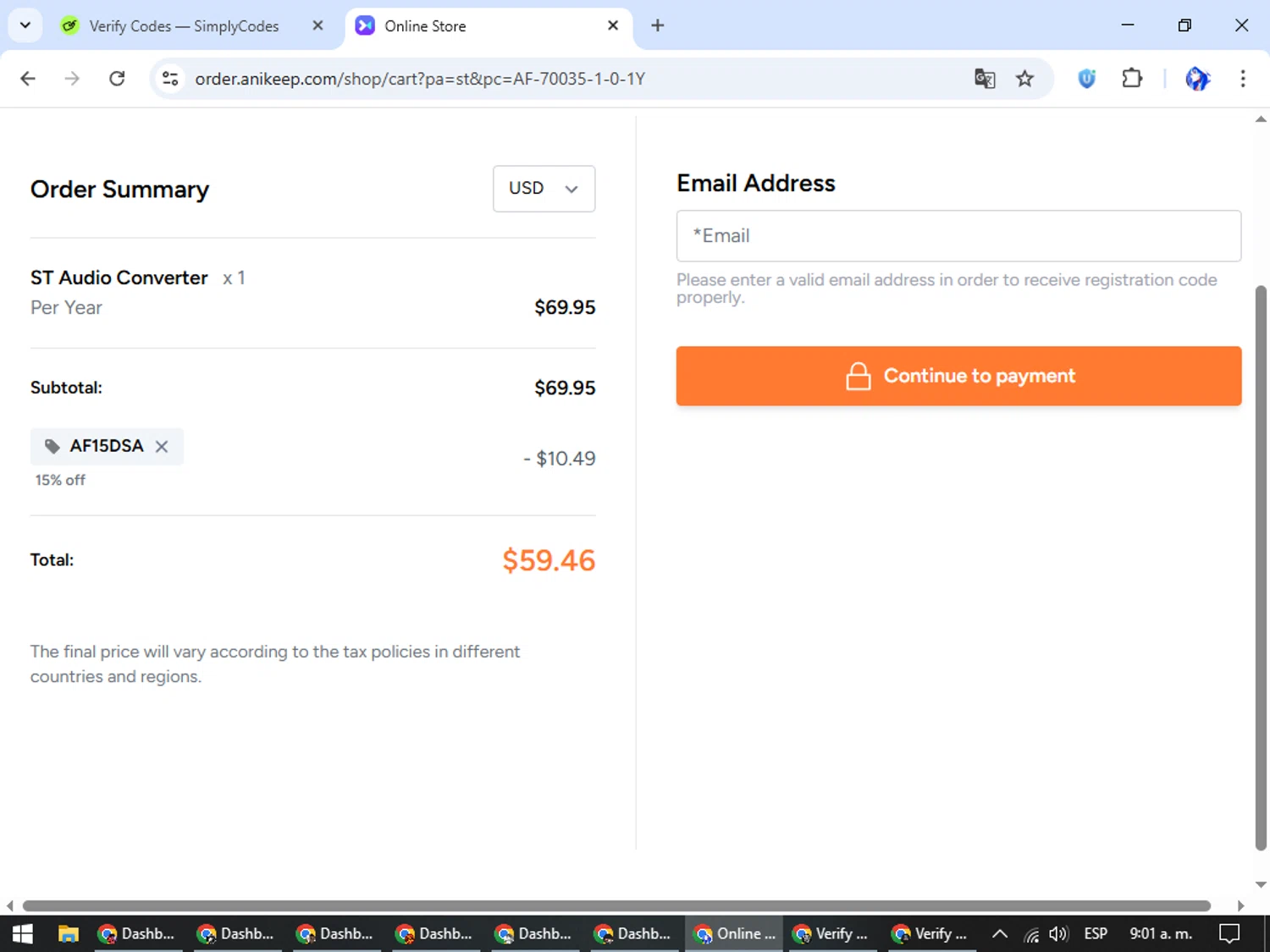 AudFree discount code screenshot showing code AF15DSA applied at AudFree checkout page. Uploaded by SimplyCodes community member WiseHunter8213 on Oct 18, 2025