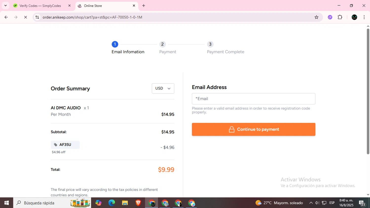 AudFree discount code screenshot showing code AF35U applied at AudFree checkout page. Uploaded by SimplyCodes community member BargainWizard5755 on Aug 16, 2025