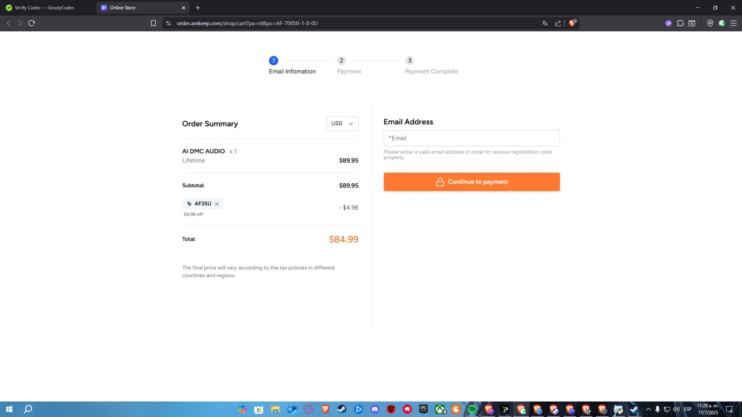 AudFree discount code screenshot showing code AF35U applied at AudFree checkout page. Uploaded by SimplyCodes community member Nulo0000 on Jul 17, 2025