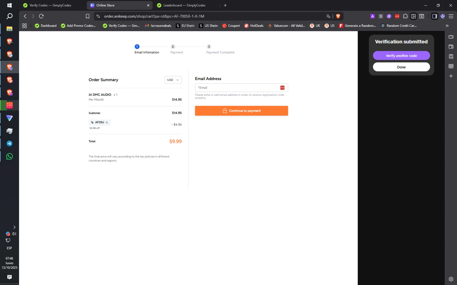 AudFree discount code screenshot showing code AF35U applied at AudFree checkout page. Uploaded by SimplyCodes community member QuantumRider5931 on Oct 13, 2025