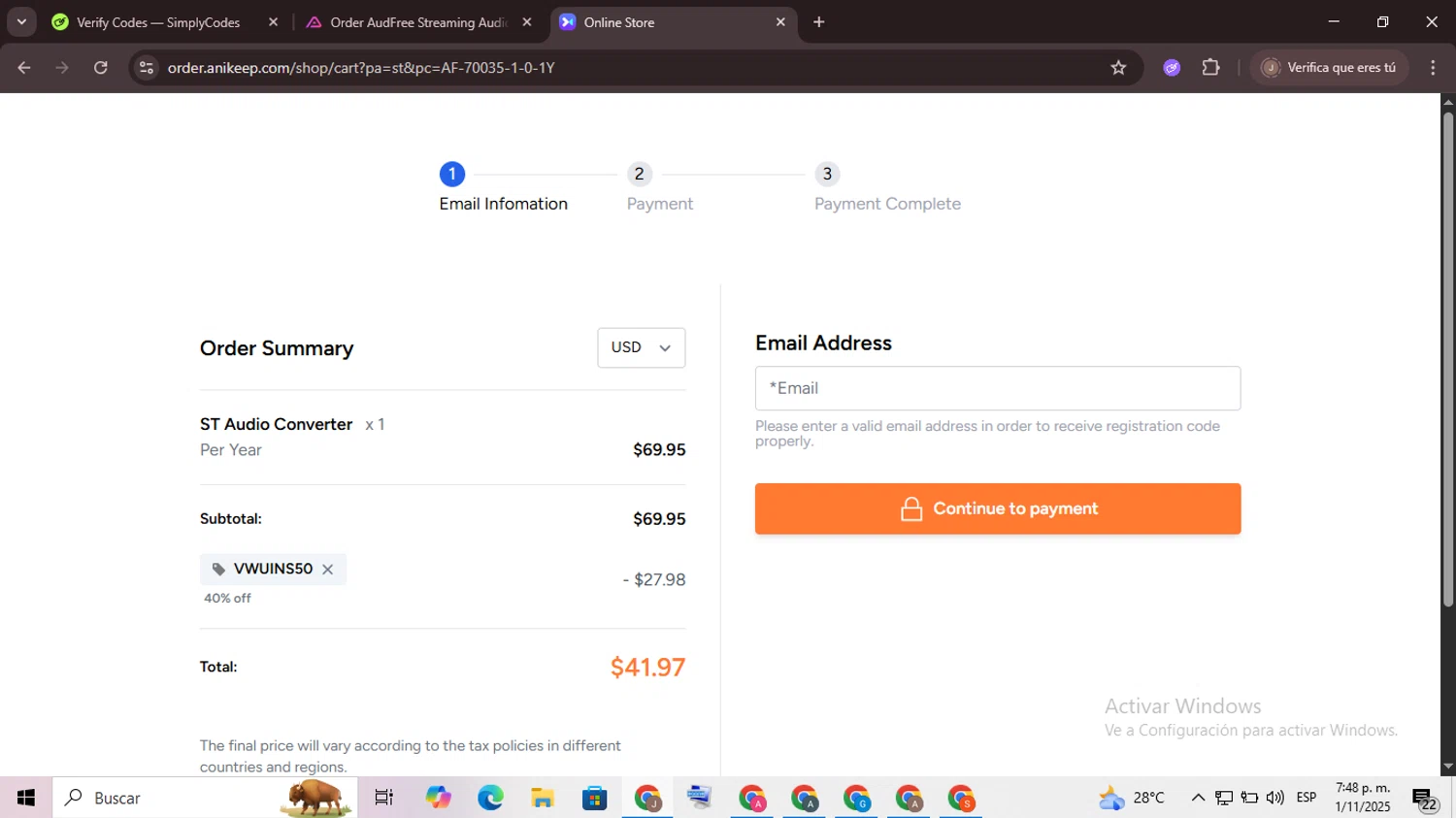 AudFree discount code screenshot showing code VWUINS50 applied at AudFree checkout page. Uploaded by SimplyCodes community member CrownChaser949 on Nov 1, 2025