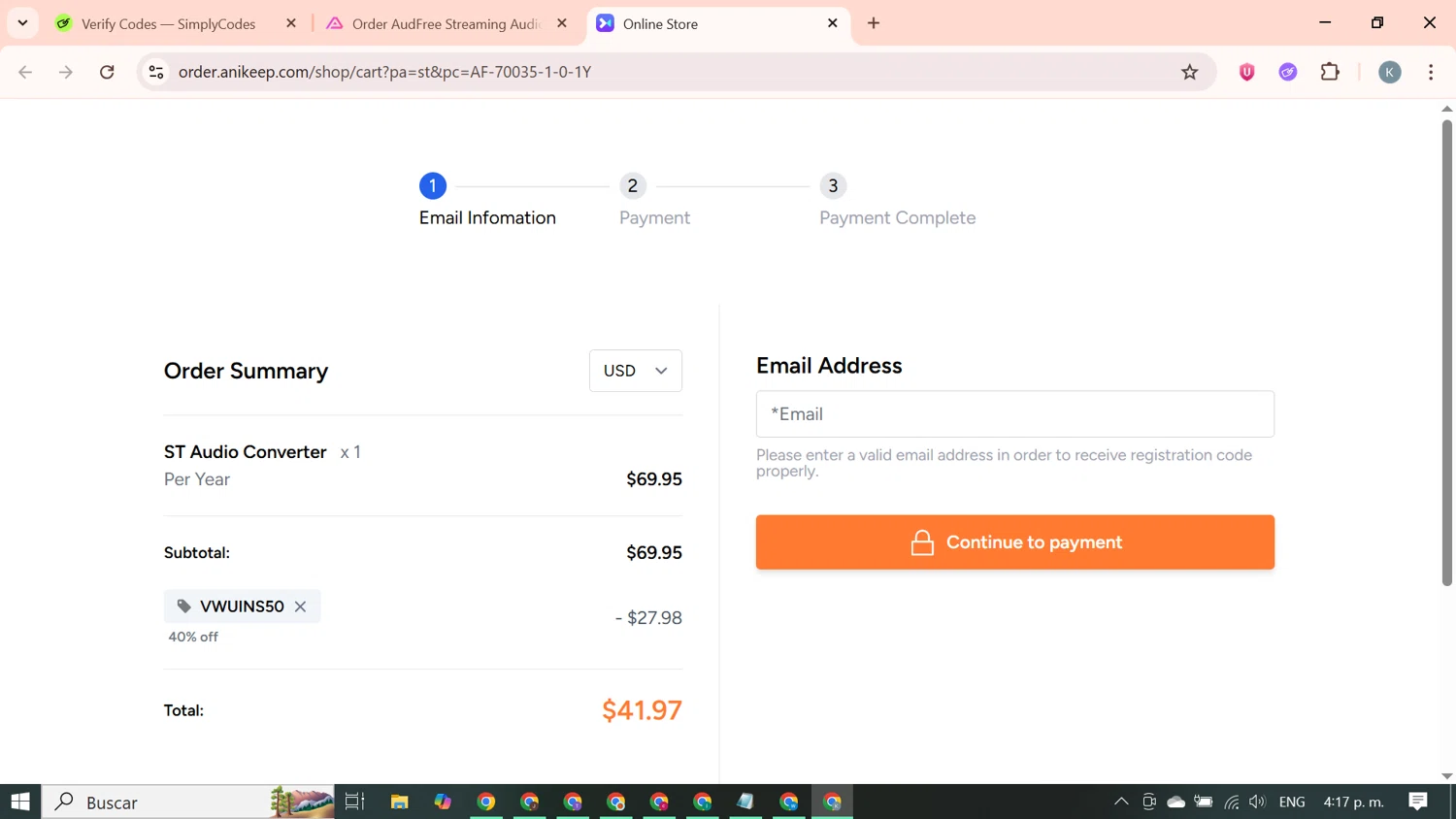 AudFree discount code screenshot showing code VWUINS50 applied at AudFree checkout page. Uploaded by SimplyCodes community member SavingsBoss9912 on Oct 1, 2025