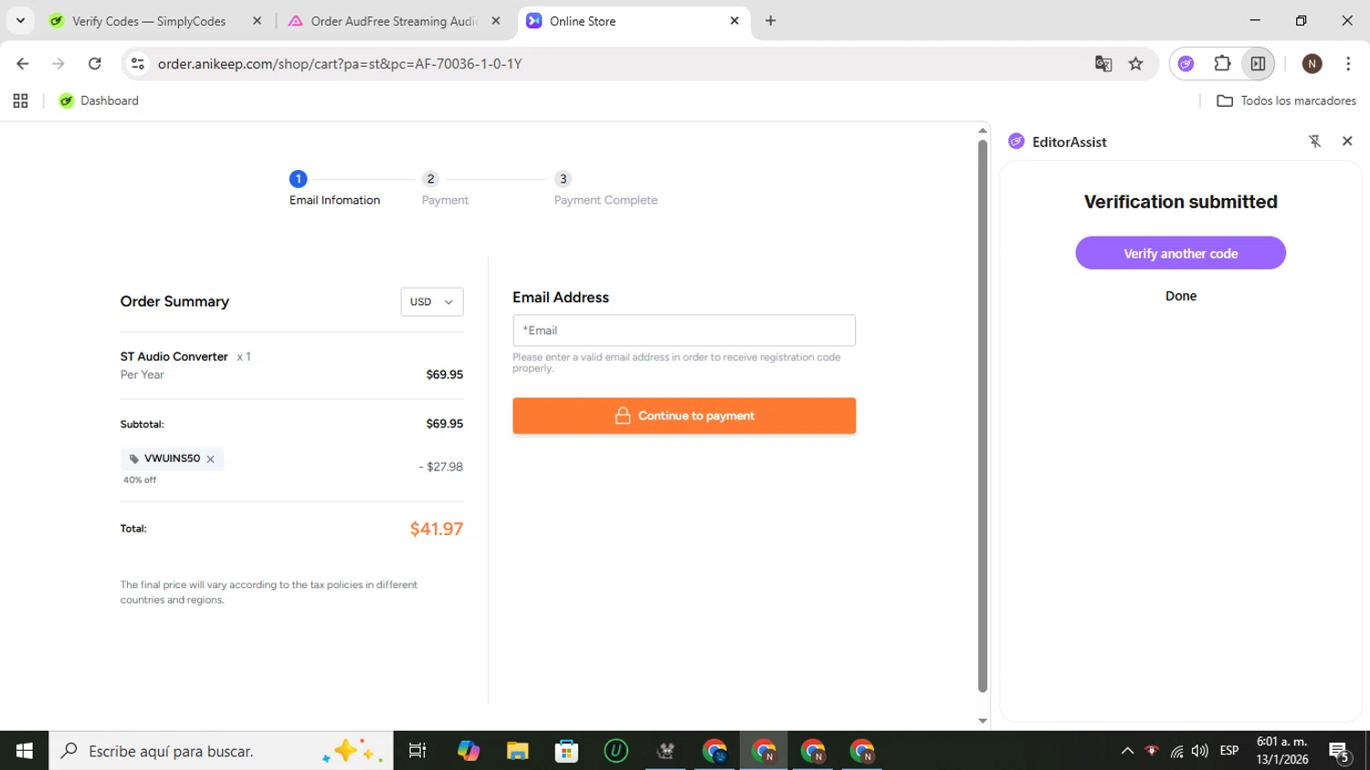 AudFree checkout page showing AudFree discount code box | Screenshot taken by SimplyCodes community member on Jan 13, 2026