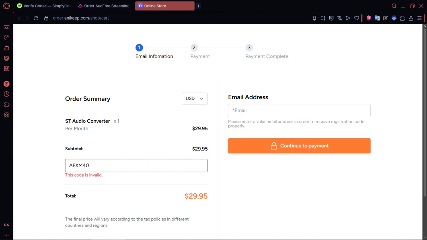 AudFree discount code screenshot showing code AFXM40 applied at AudFree checkout page. Uploaded by SimplyCodes community member MoneySentinel1166 on Feb 1, 2026