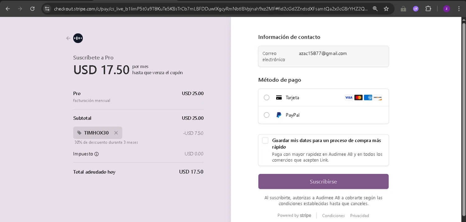 Audimee promo code screenshot showing code TIMHOX30 applied at Audimee checkout page. Uploaded by SimplyCodes community member BonusPro7395 on Aug 11, 2025