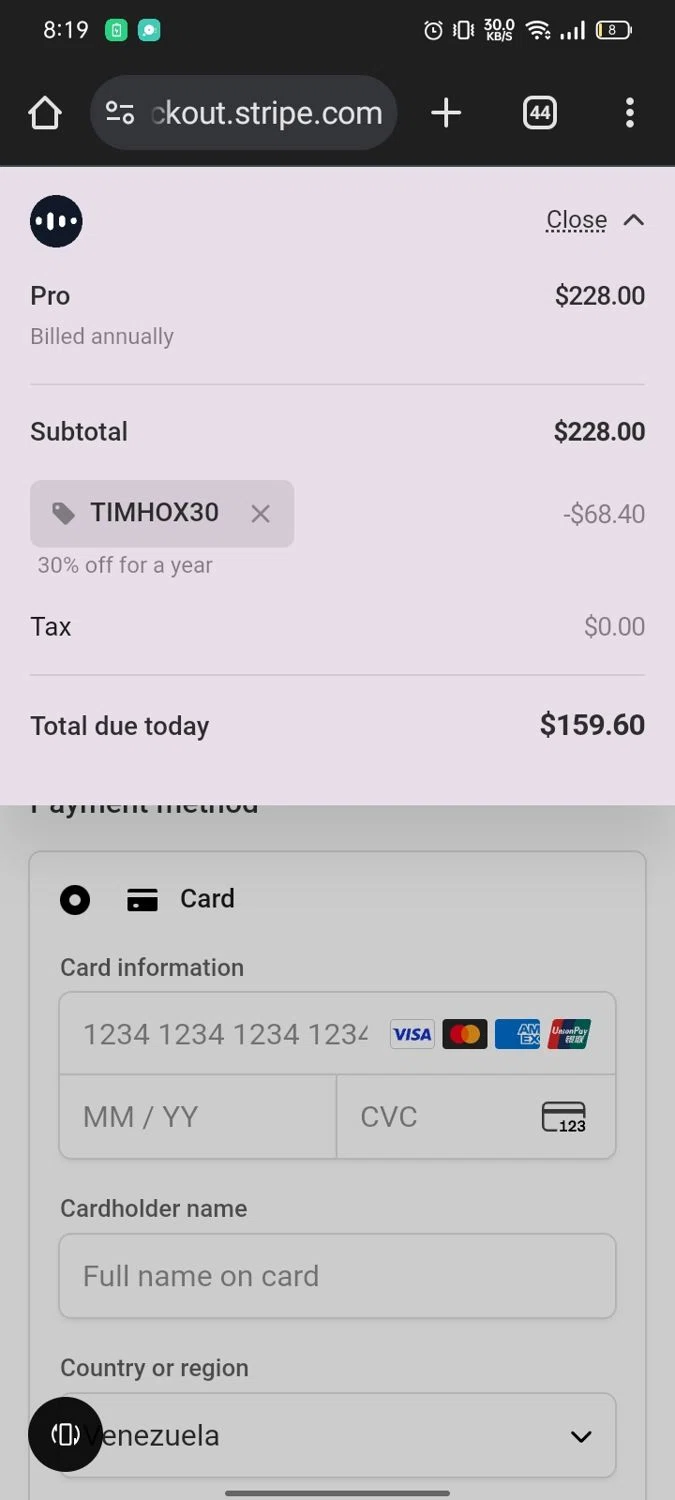 Audimee promo code screenshot showing code TIMHOX30 applied at Audimee checkout page. Uploaded by SimplyCodes community member Runner on Aug 30, 2025