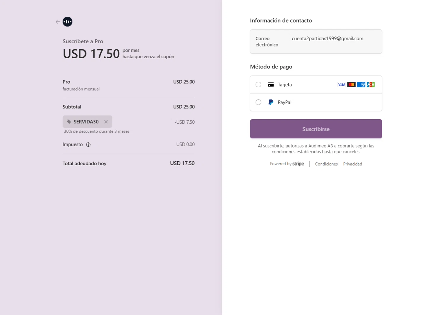 Audimee checkout page showing Audimee promo code box | Screenshot taken by SimplyCodes community member on Jan 22, 2026