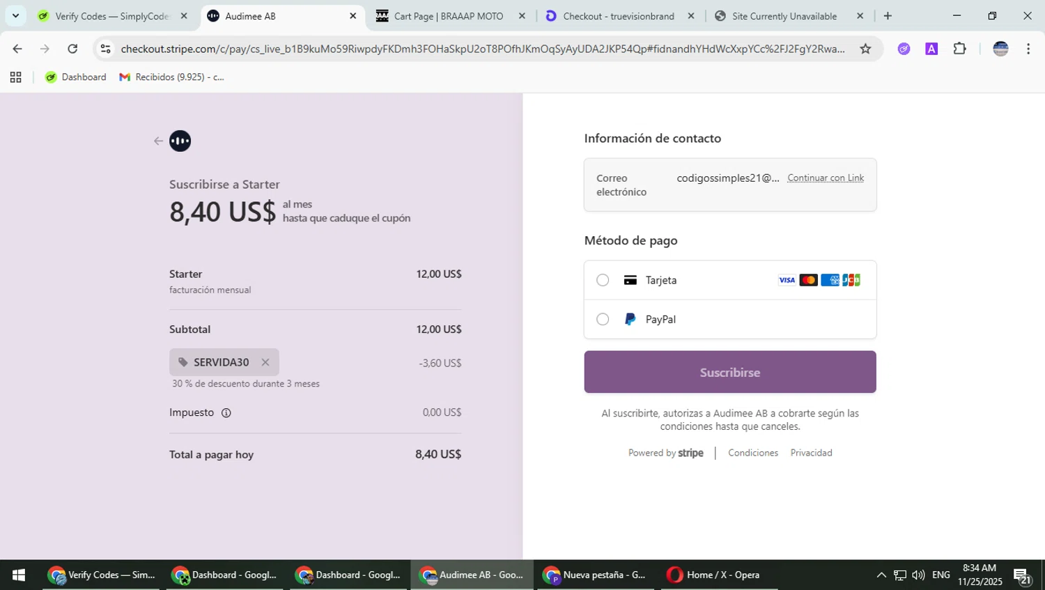Audimee promo code screenshot showing code SERVIDA30 applied at Audimee checkout page. Uploaded by SimplyCodes community member TrevorPhilips on Nov 25, 2025