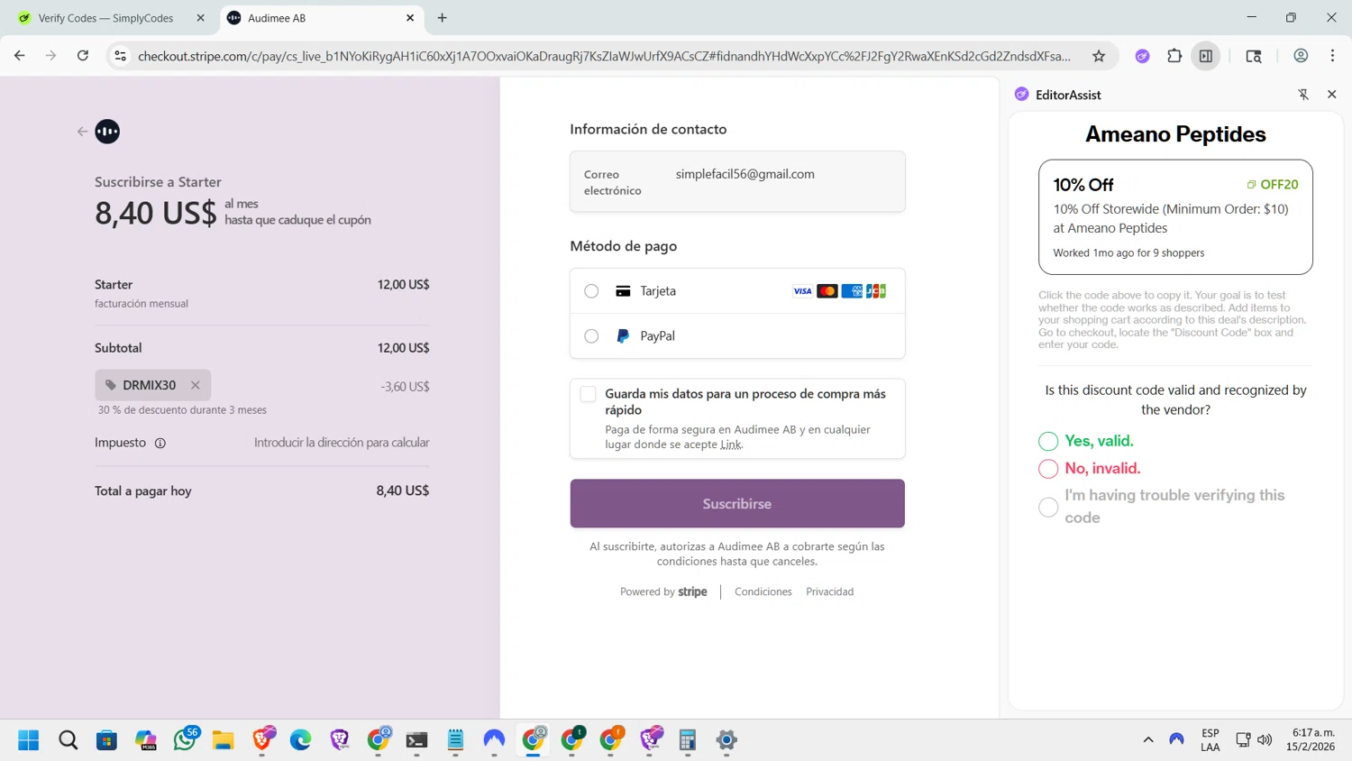 Audimee checkout page showing Audimee promo code box | Screenshot taken by SimplyCodes community member on Feb 15, 2026