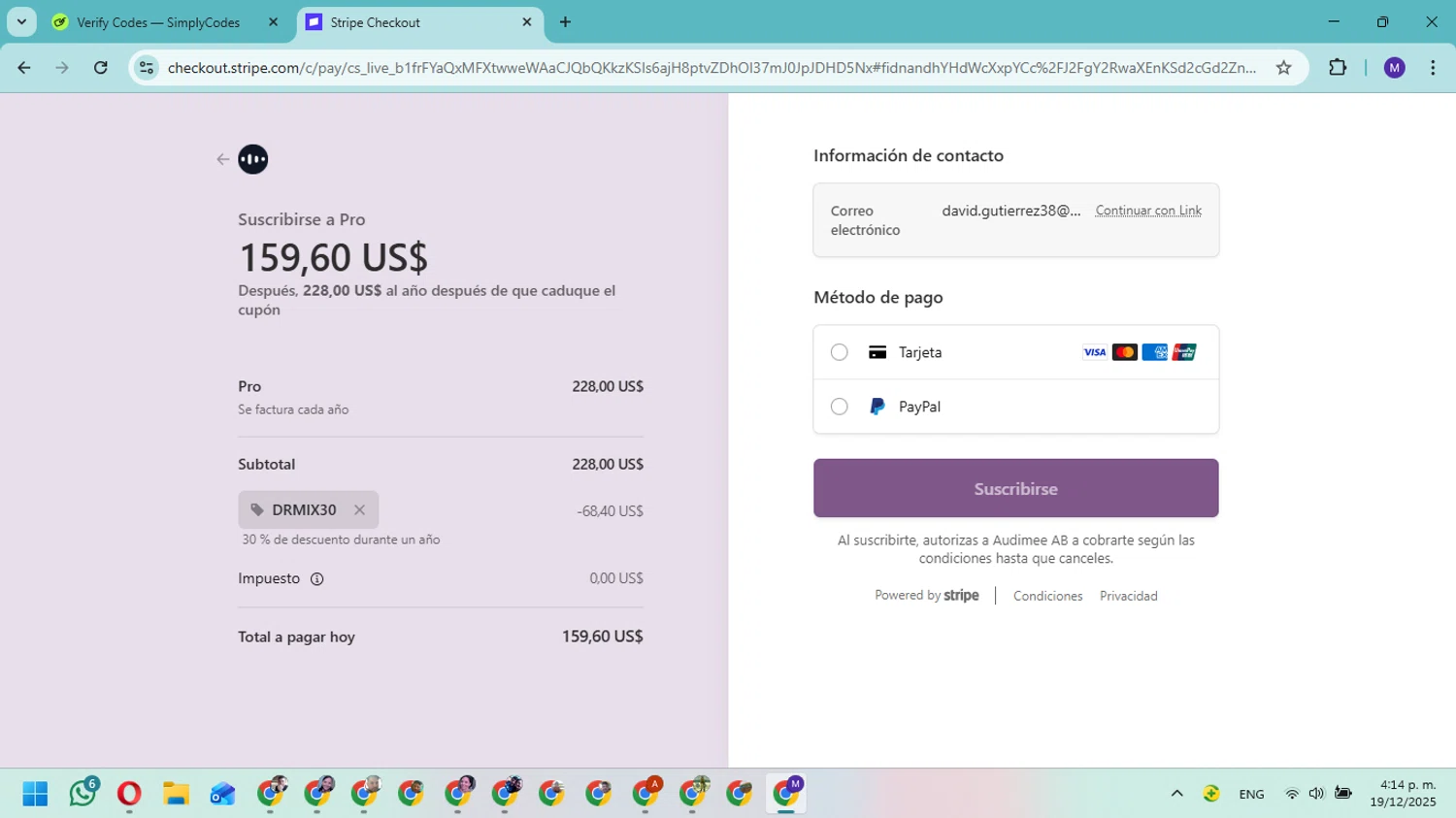 Audimee promo code screenshot showing code DRMIX30 applied at Audimee checkout page. Uploaded by SimplyCodes community member Fundolaroca on Dec 19, 2025
