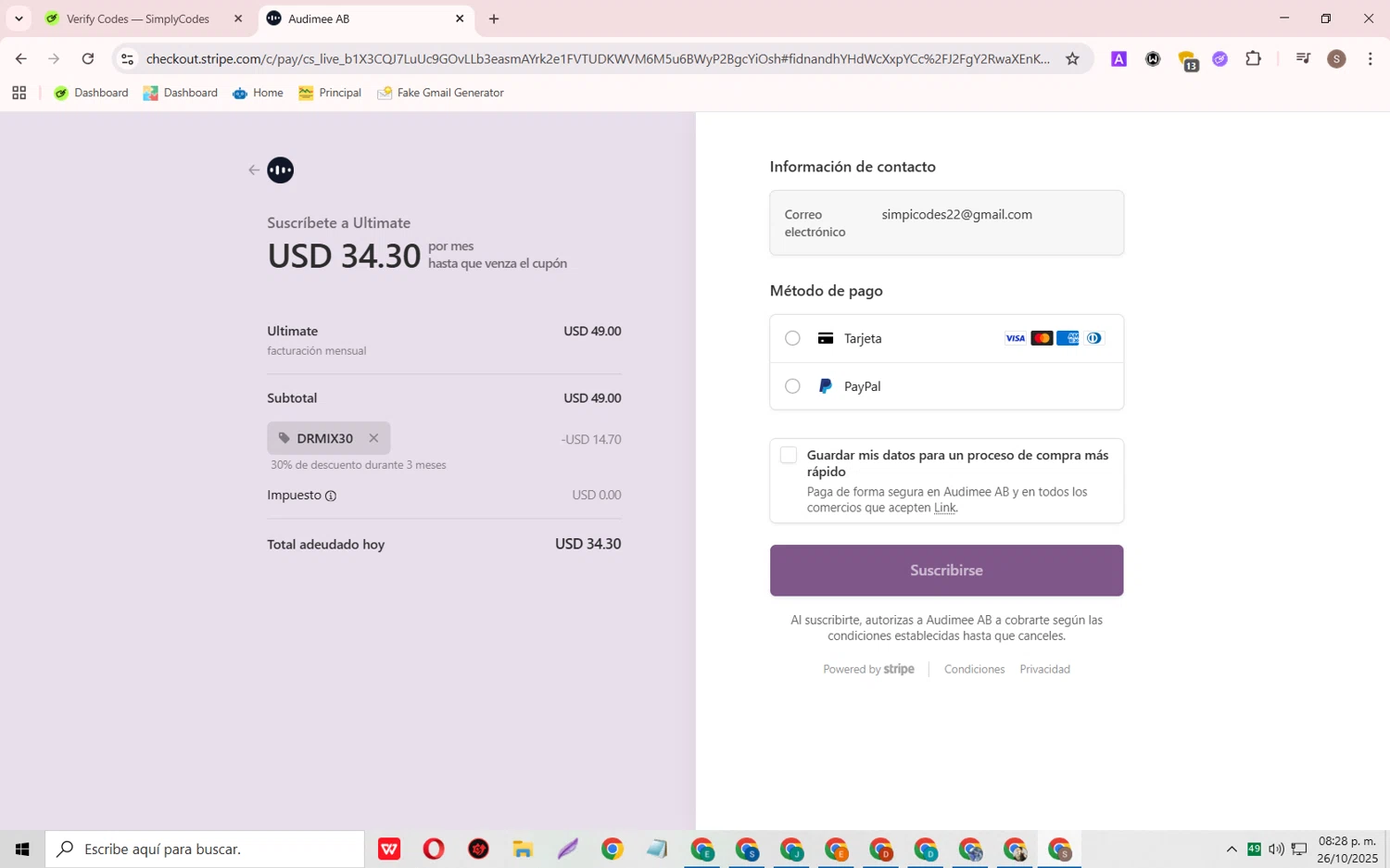 Audimee promo code screenshot showing code DRMIX30 applied at Audimee checkout page. Uploaded by SimplyCodes community member TreasurePioneer6575 on Oct 27, 2025