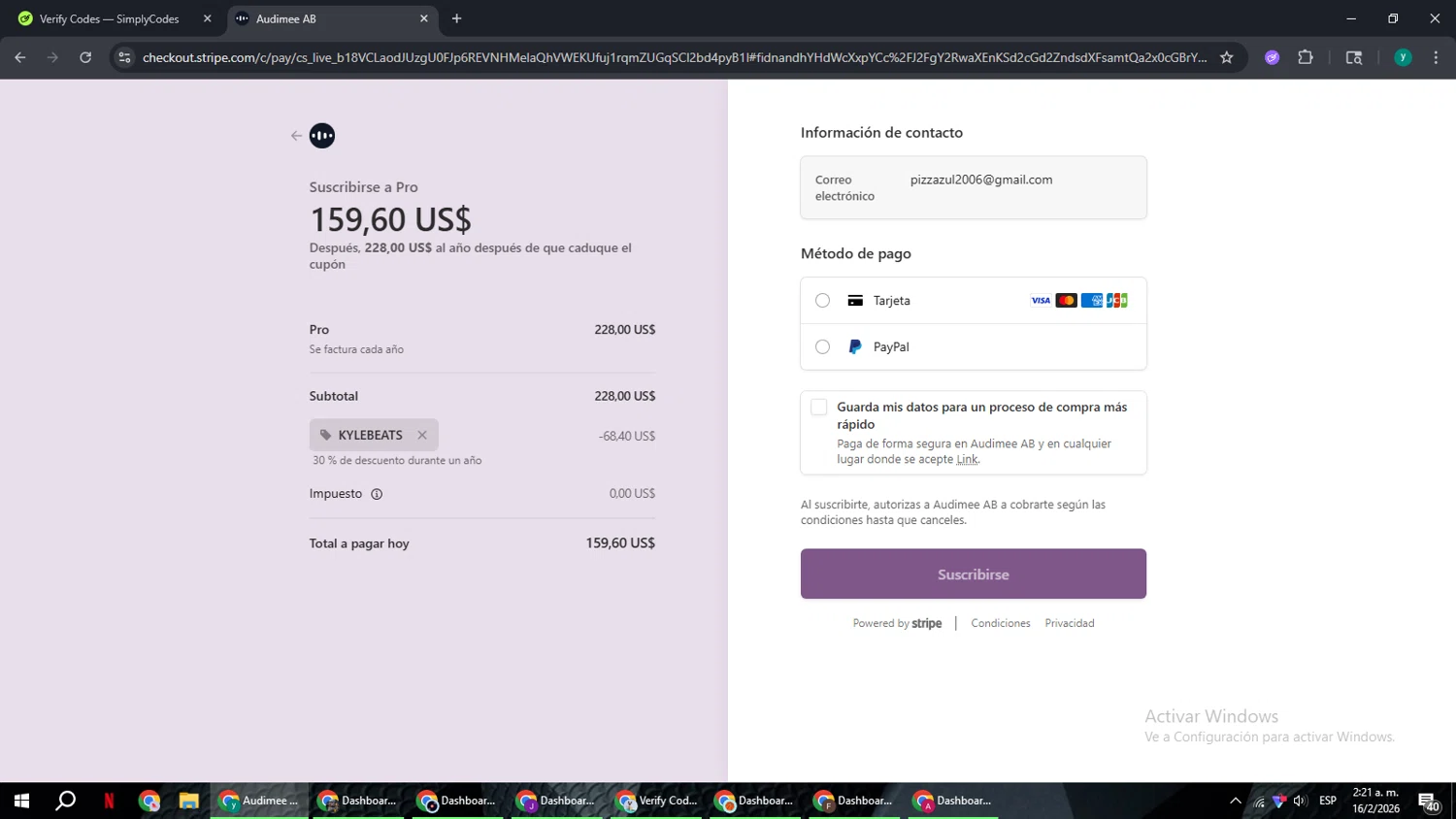 Audimee checkout page showing Audimee promo code box | Screenshot taken by SimplyCodes community member on Feb 16, 2026