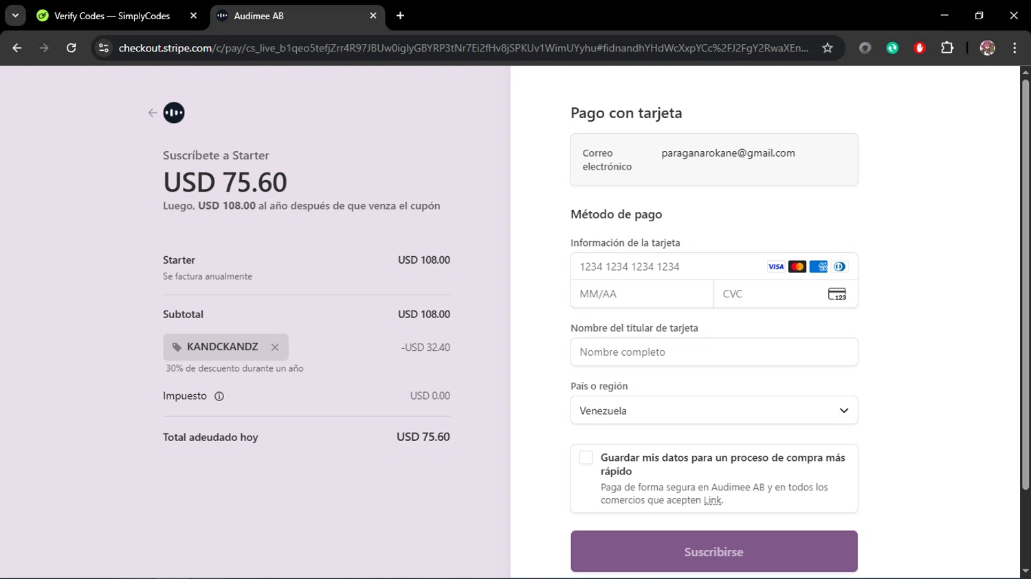 Audimee promo code screenshot showing code KANDCKANDZ applied at Audimee checkout page. Uploaded by SimplyCodes community member Juliet on Jan 2, 2026
