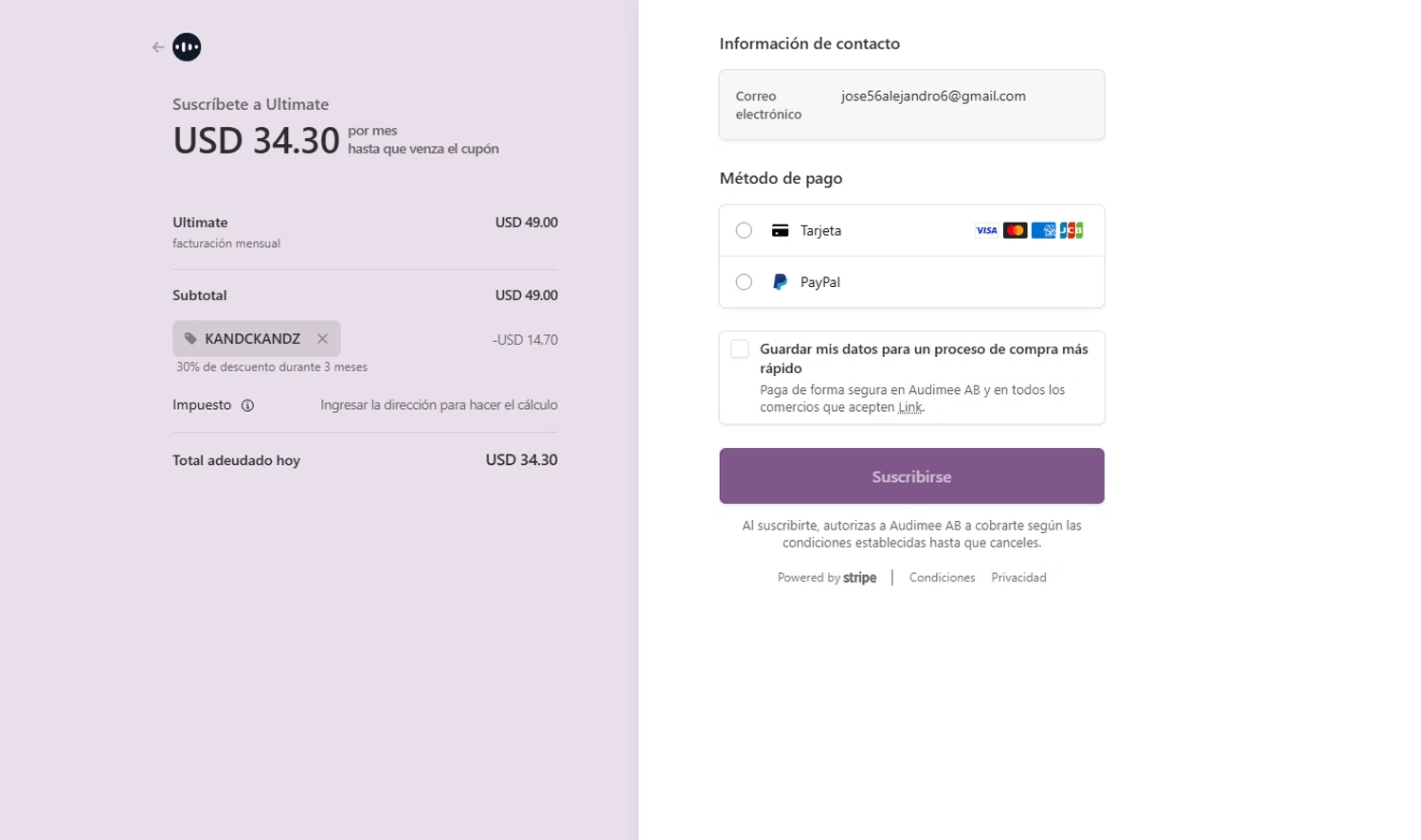 Audimee checkout page showing Audimee promo code box | Screenshot taken by SimplyCodes community member on Jan 31, 2026