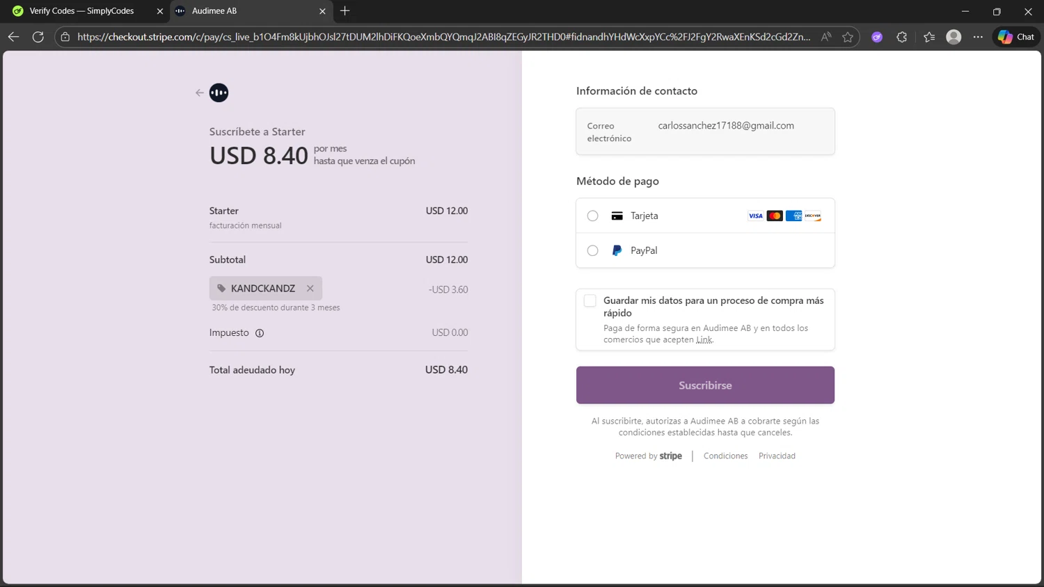 Audimee promo code screenshot showing code KANDCKANDZ applied at Audimee checkout page. Uploaded by SimplyCodes community member MightyHunter5940 on Dec 4, 2025