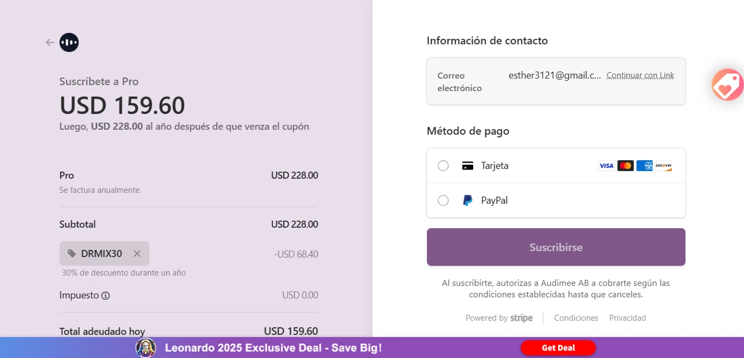 Audimee promo code screenshot showing code DRMIX30 applied at Audimee checkout page. Uploaded by SimplyCodes community member ESTHER3121 on Oct 27, 2025