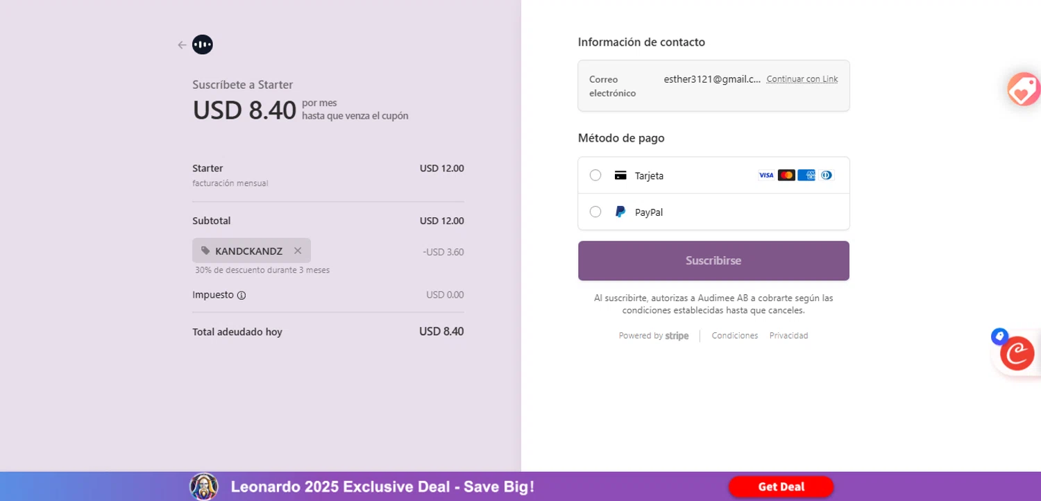 Audimee promo code screenshot showing code KANDCKANDZ applied at Audimee checkout page. Uploaded by SimplyCodes community member ESTHER3121 on Nov 5, 2025