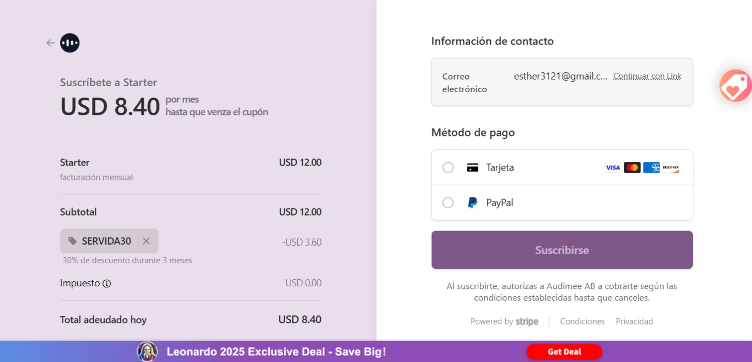 Audimee promo code screenshot showing code SERVIDA30 applied at Audimee checkout page. Uploaded by SimplyCodes community member ESTHER3121 on Oct 27, 2025