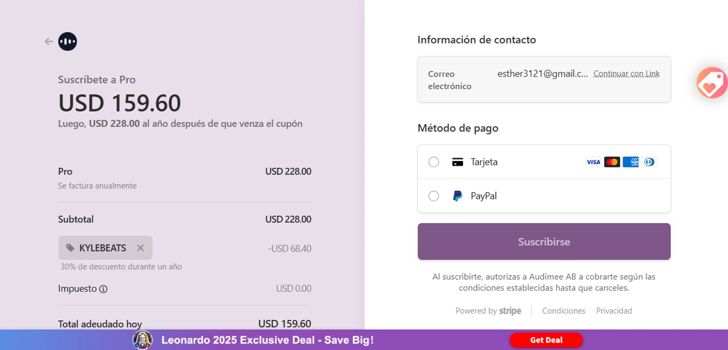 Audimee promo code screenshot showing code KYLEBEATS applied at Audimee checkout page. Uploaded by SimplyCodes community member ESTHER3121 on Oct 27, 2025