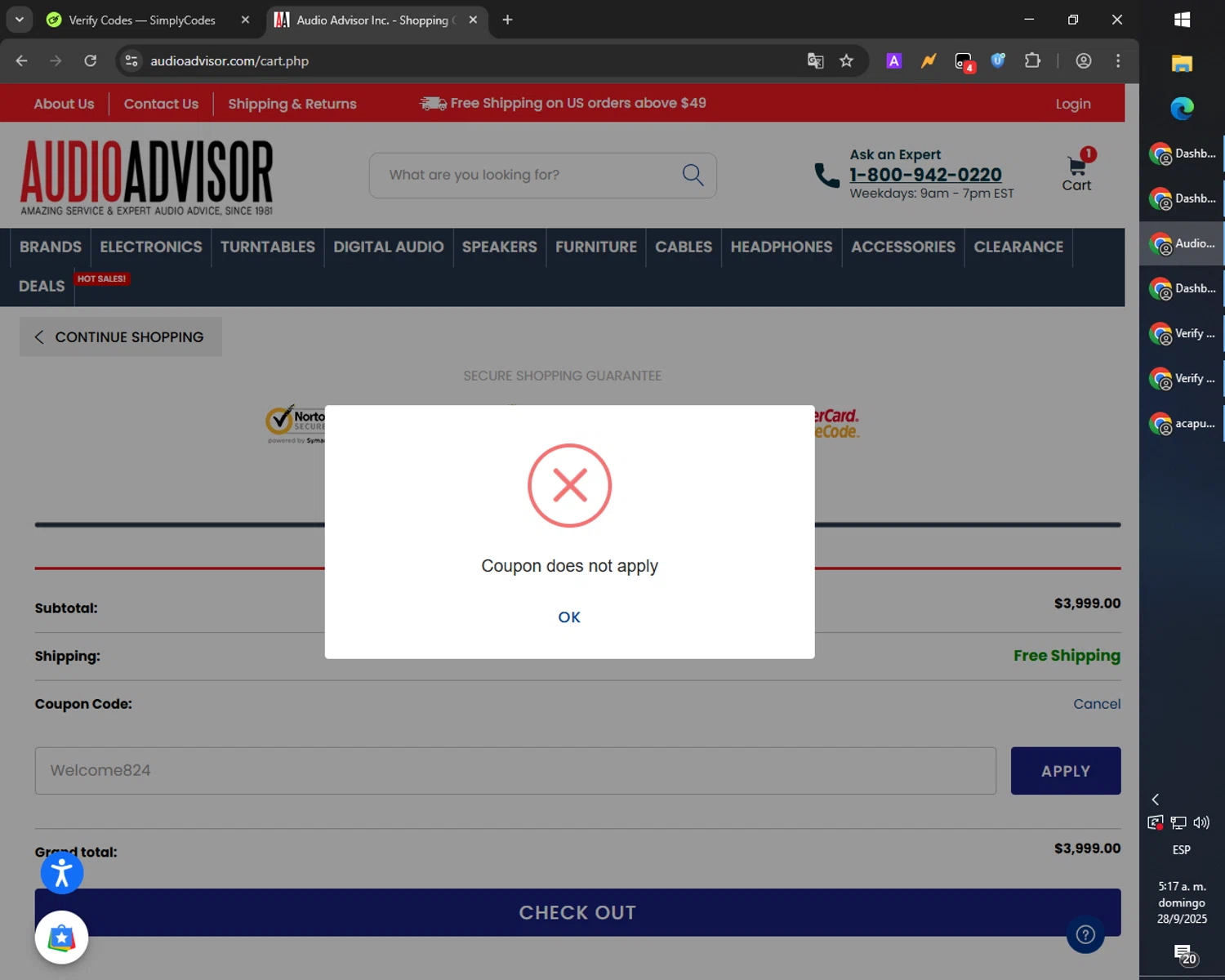 Audio Advisor promo code screenshot showing code Welcome824 applied at Audio Advisor checkout page. Uploaded by SimplyCodes community member PromoScout8746 on Sep 28, 2025