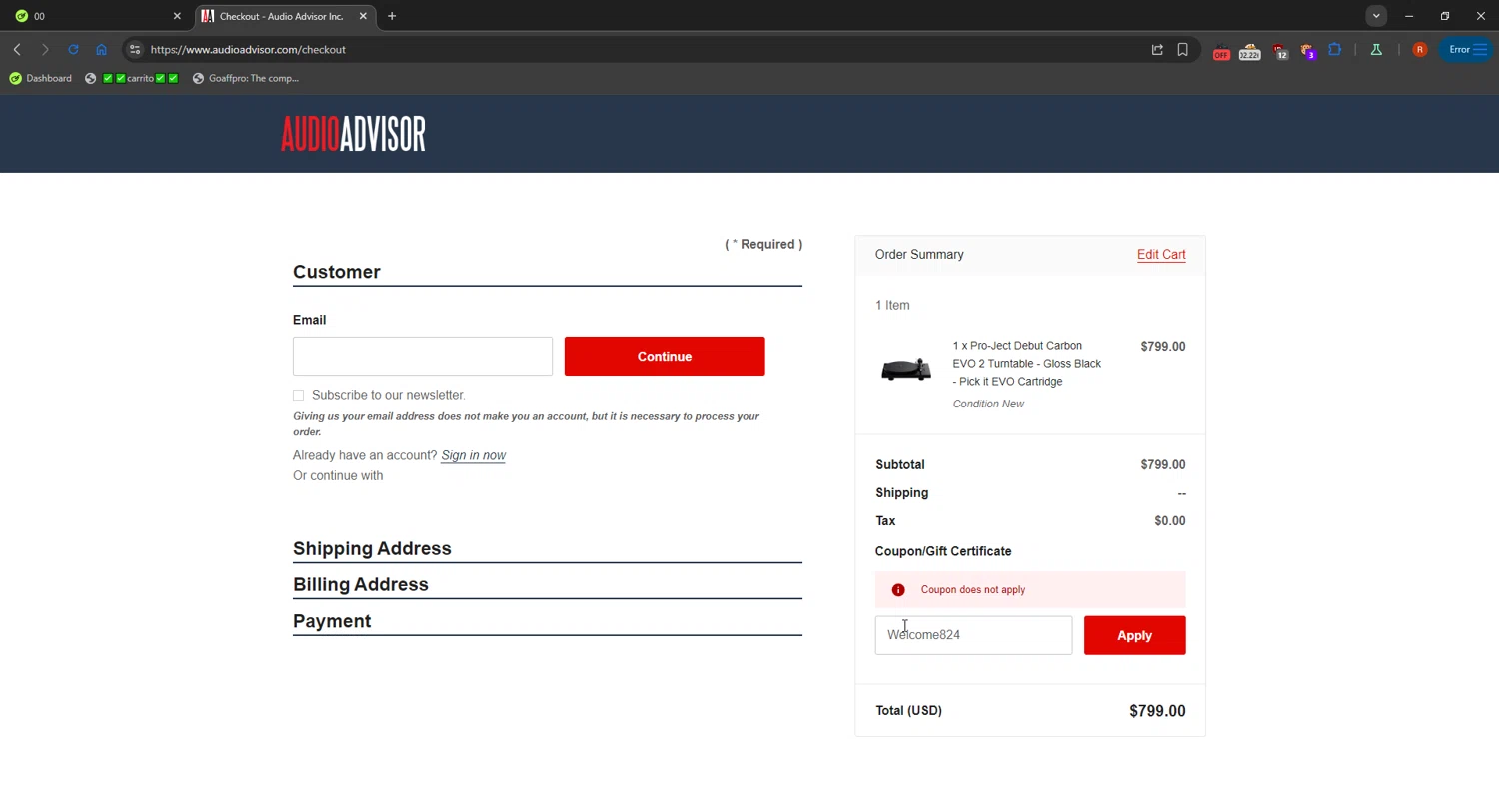 Audio Advisor promo code screenshot showing code Welcome824 applied at Audio Advisor checkout page. Uploaded by SimplyCodes community member SavvyFinder1532 on Sep 28, 2025