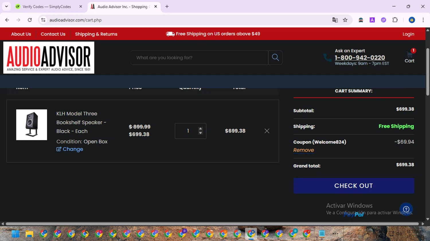 Audio Advisor checkout page showing Audio Advisor promo code box | Screenshot taken by SimplyCodes community member on Jul 18, 2025
