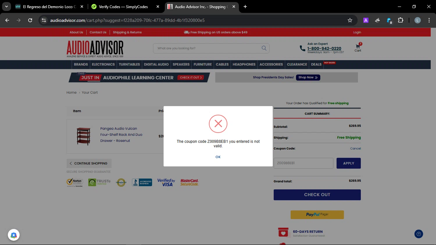 Audio Advisor promo code screenshot showing code Z009B8EB1 applied at Audio Advisor checkout page. Uploaded by SimplyCodes community member JuanChi on Feb 16, 2025