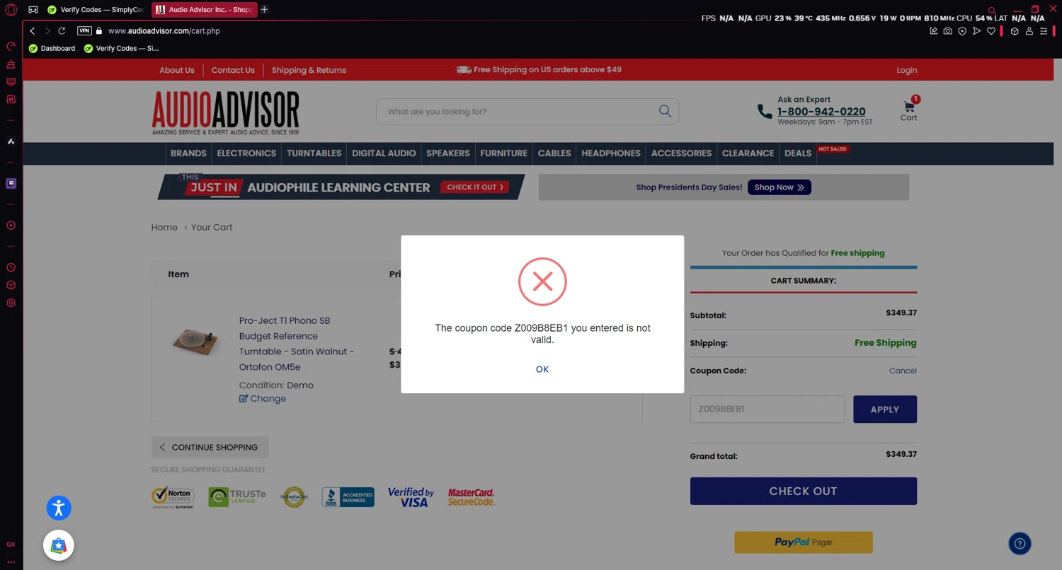 Audio Advisor promo code screenshot showing code Z009B8EB1 applied at Audio Advisor checkout page. Uploaded by SimplyCodes community member Yezzzcose on Feb 16, 2025
