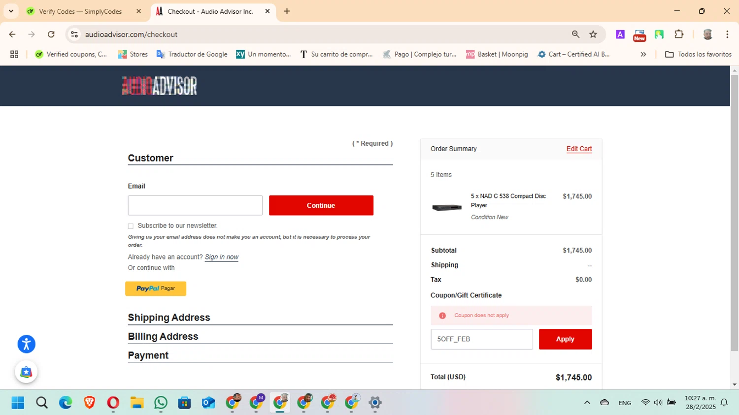 Audio Advisor promo code screenshot showing code 5OFF_FEB applied at Audio Advisor checkout page. Uploaded by SimplyCodes community member ManuelF on Feb 28, 2025