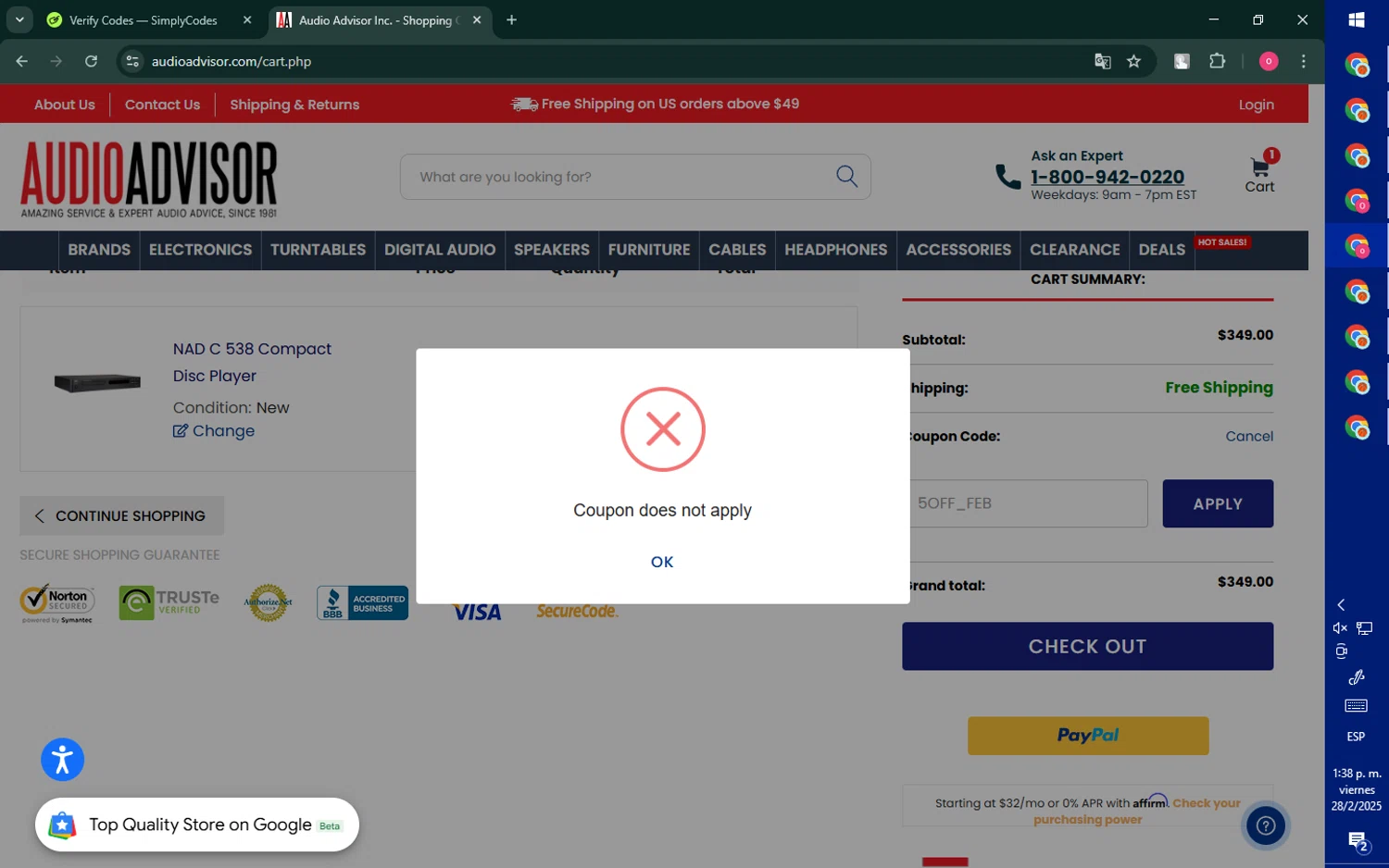 Audio Advisor promo code screenshot showing code 5OFF_FEB applied at Audio Advisor checkout page. Uploaded by SimplyCodes community member RebateNavigator926 on Feb 28, 2025