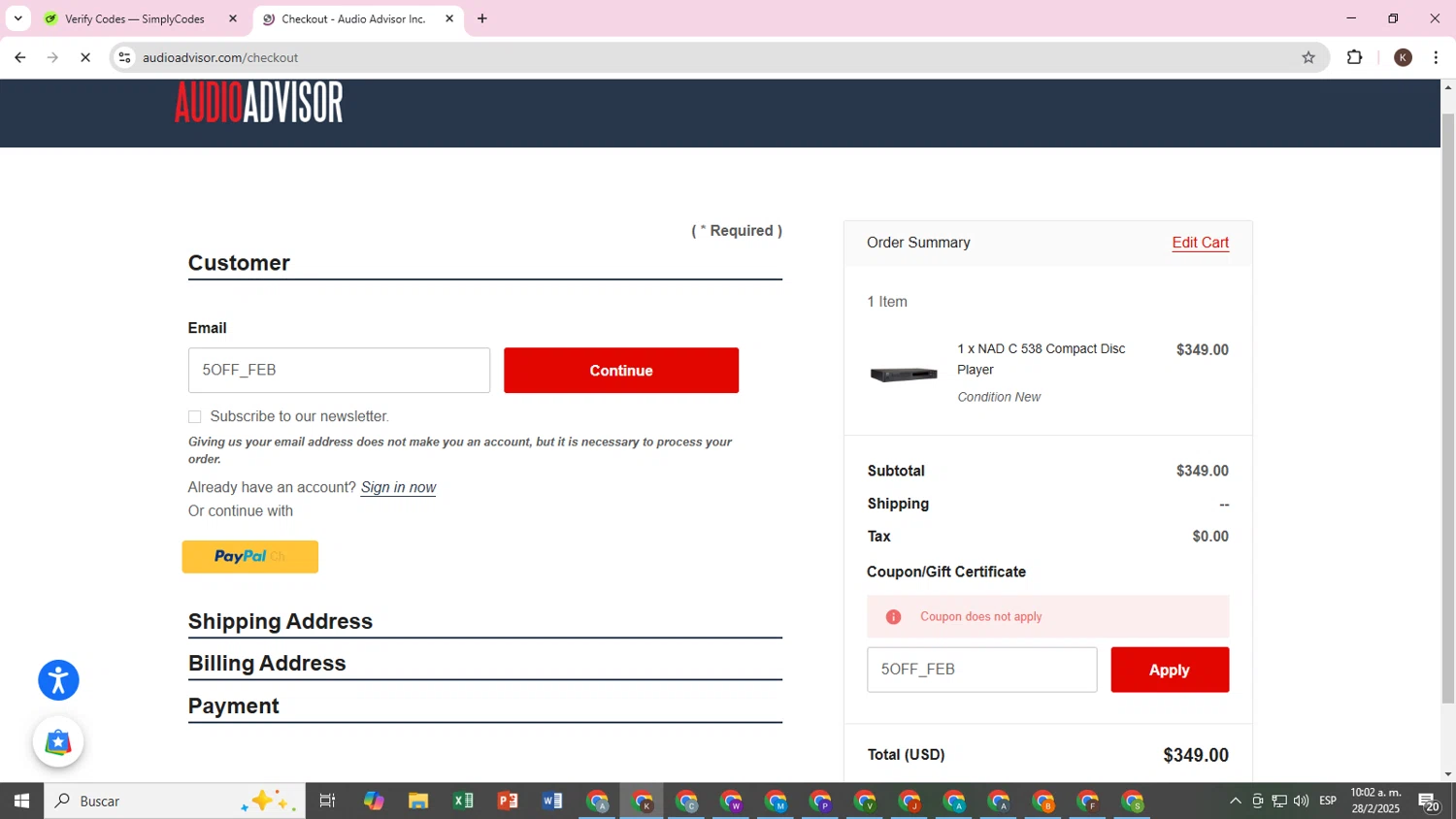 Audio Advisor promo code screenshot showing code 5OFF_FEB applied at Audio Advisor checkout page. Uploaded by SimplyCodes community member TokenOwl8896 on Feb 28, 2025