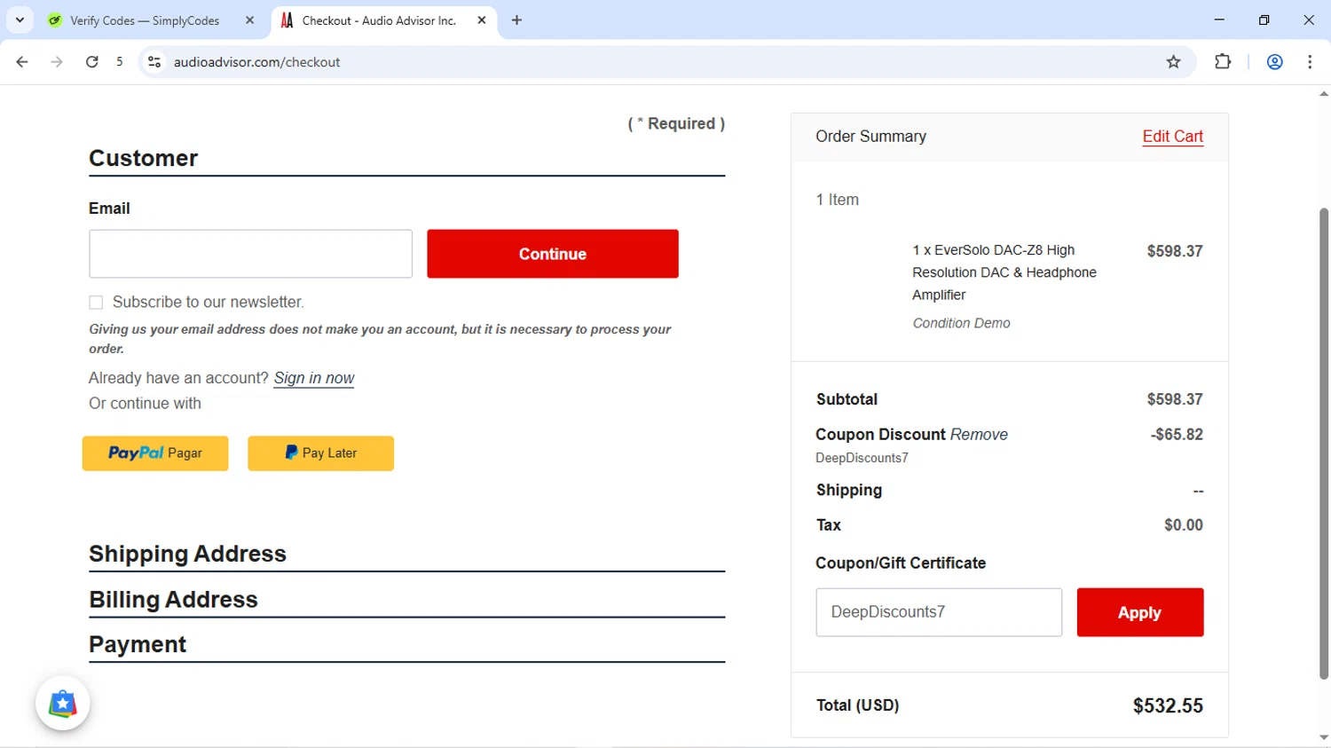 Audio Advisor checkout page showing Audio Advisor promo code box | Screenshot taken by SimplyCodes community member on Jul 29, 2025