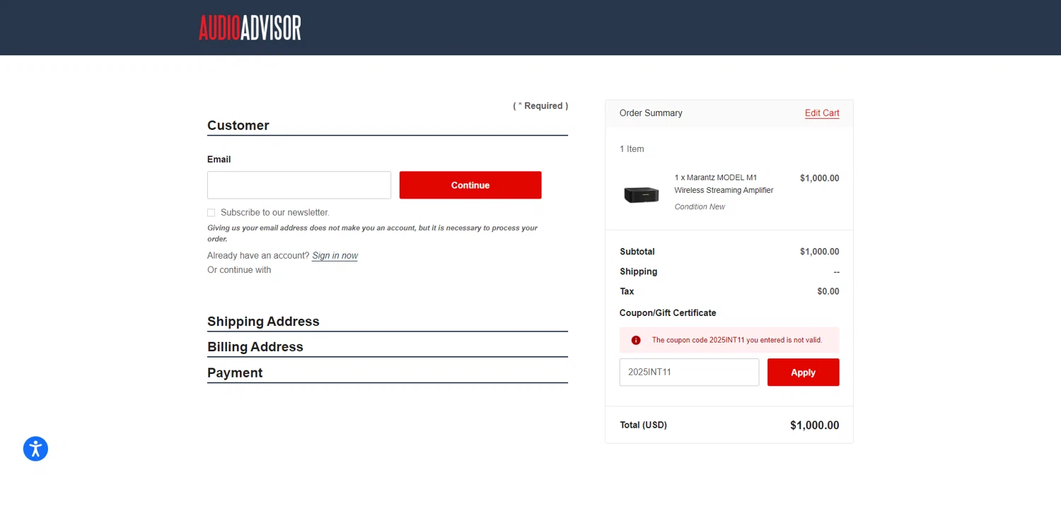 Audio Advisor promo code screenshot showing code 2025INT11 applied at Audio Advisor checkout page. Uploaded by SimplyCodes community member PromoSeeker7158 on Sep 3, 2025