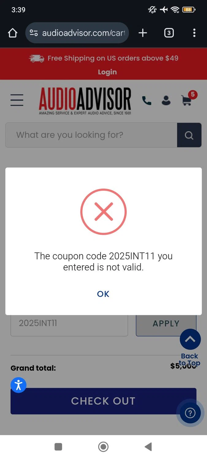 Audio Advisor promo code screenshot showing code 2025INT11 applied at Audio Advisor checkout page. Uploaded by SimplyCodes community member RoyalSpotter5217 on Sep 3, 2025